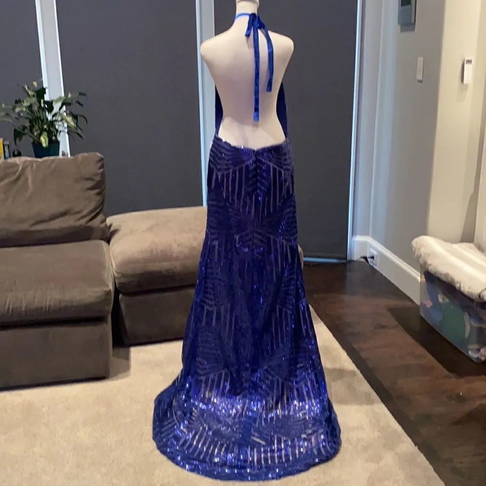 Women’s Halter Neck Mermaid Sequined Blue Prom Party Dress L NWT Size L - Image 5
