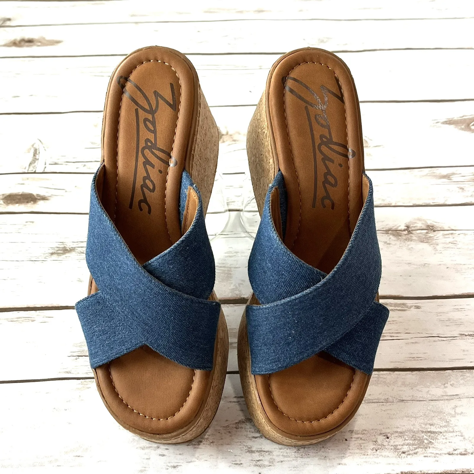 Zodiac Platform Wedge Slide Chunky Y2K Sandal Women US 9 M EU 40 Denim Cork Heel - Image 2