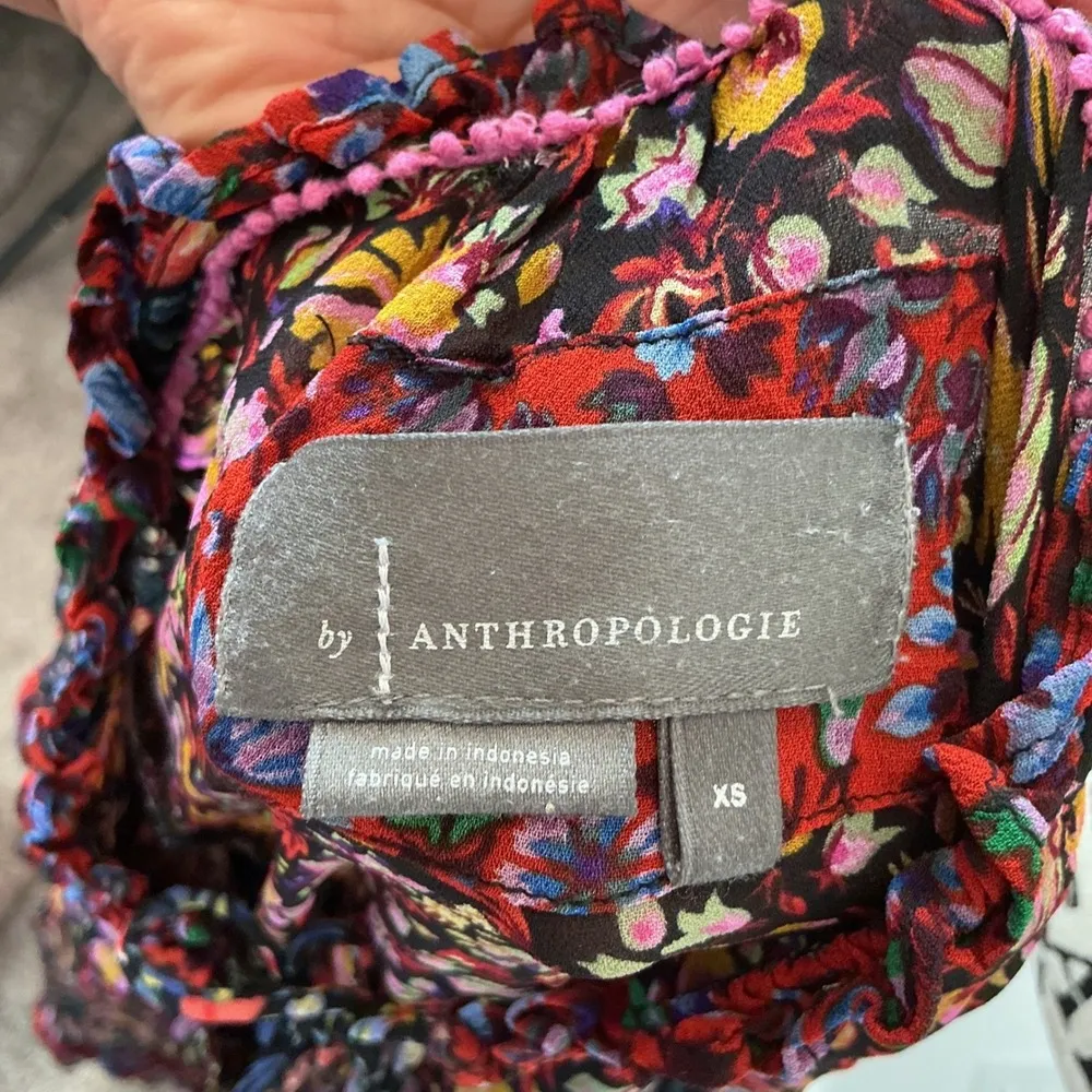 Anthropologie Floral Mini Dress Ruffle Trim Long Sleeve‎ Viscose XS - Image 9