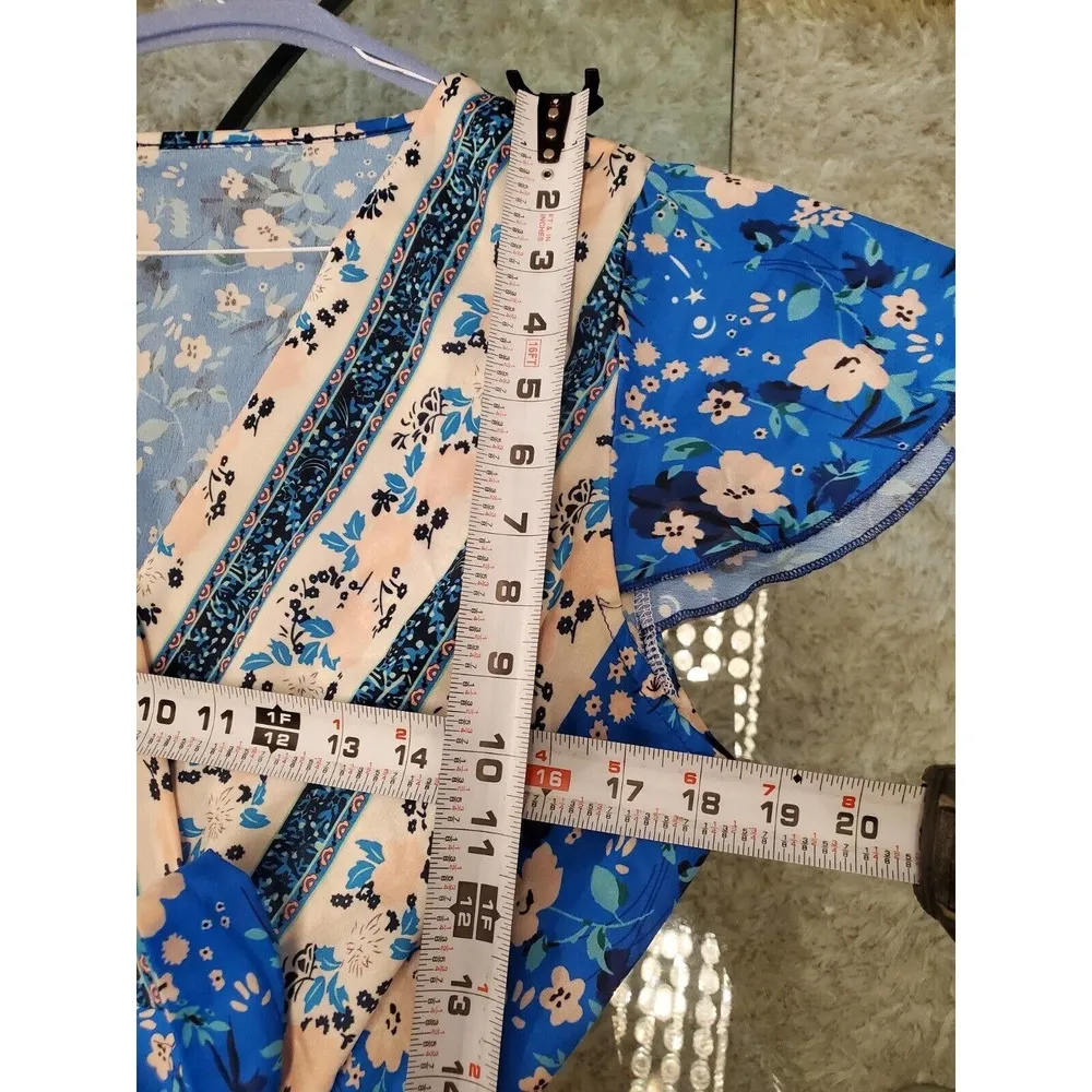 Womens Multi Floral Cotton Wrap V Neck Casual Short Sleeve Long Maxi Dress M Size M - Image 10