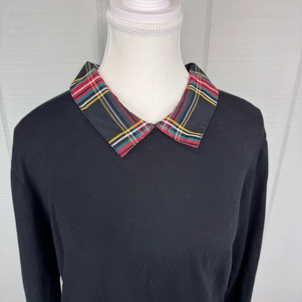 J. Crew Black Sweater Top Stewart Tartan Plaid Collar Hem Preppy Academia XL - Image 2
