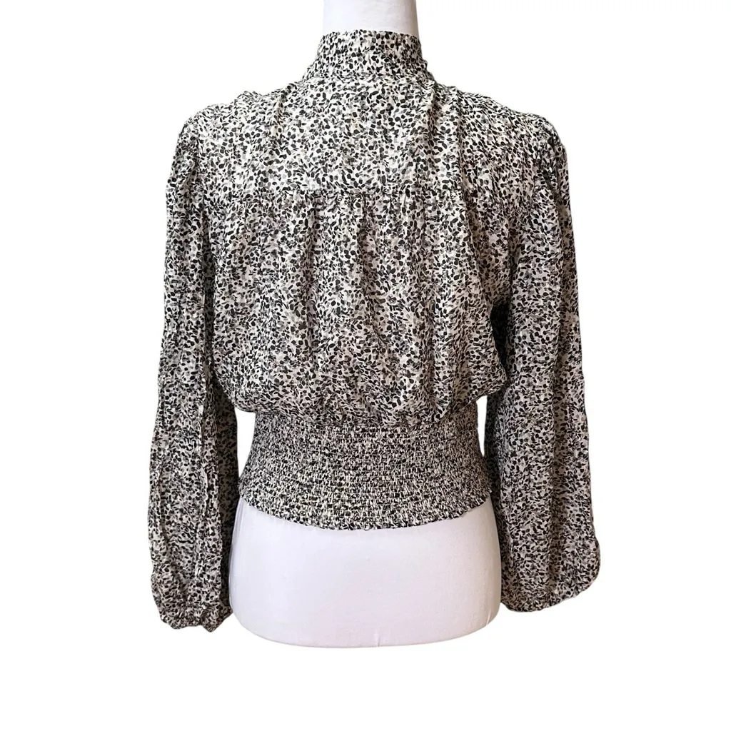 INTERMIX Krissia Tie-Neck Smocked Blouse in Grey Size 6 Puff Sleeves V Neck - Image 3