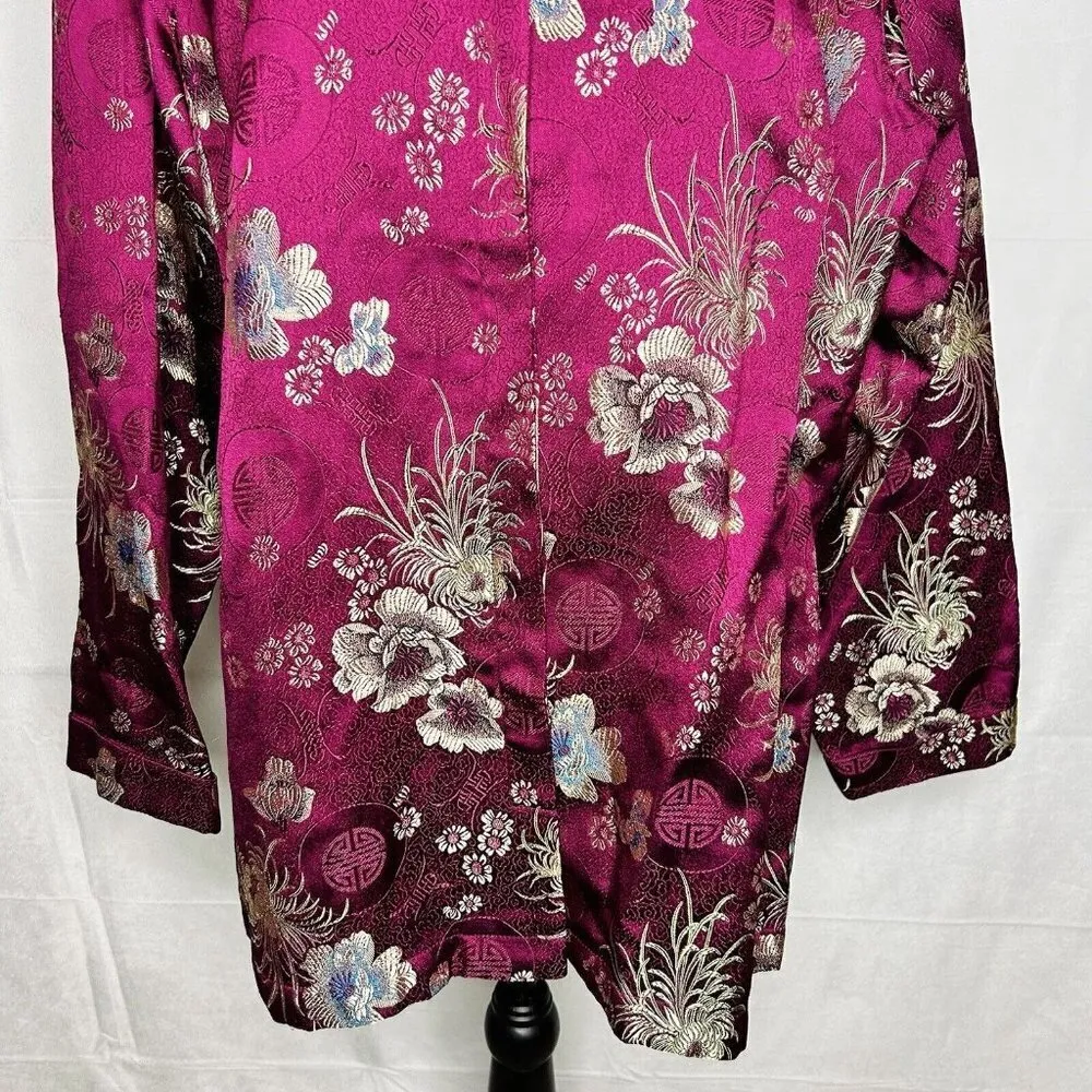 Chico's Art-to-Wear Asian Inspired Rayon Jacket Burgundy Gold Floral Sz 3 Large - Image 3