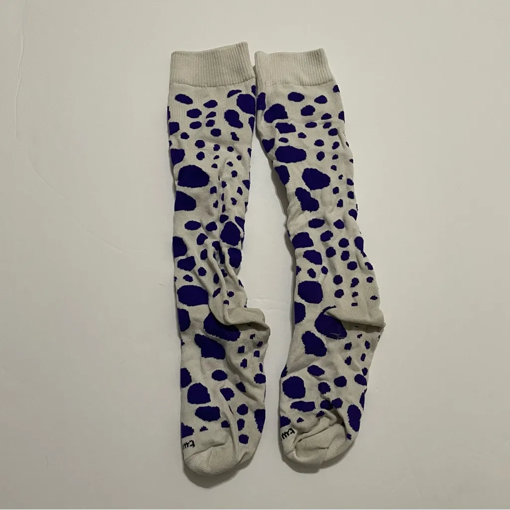 Woman’s Purple and White polka dot Patterned soccer Socks - Image 2
