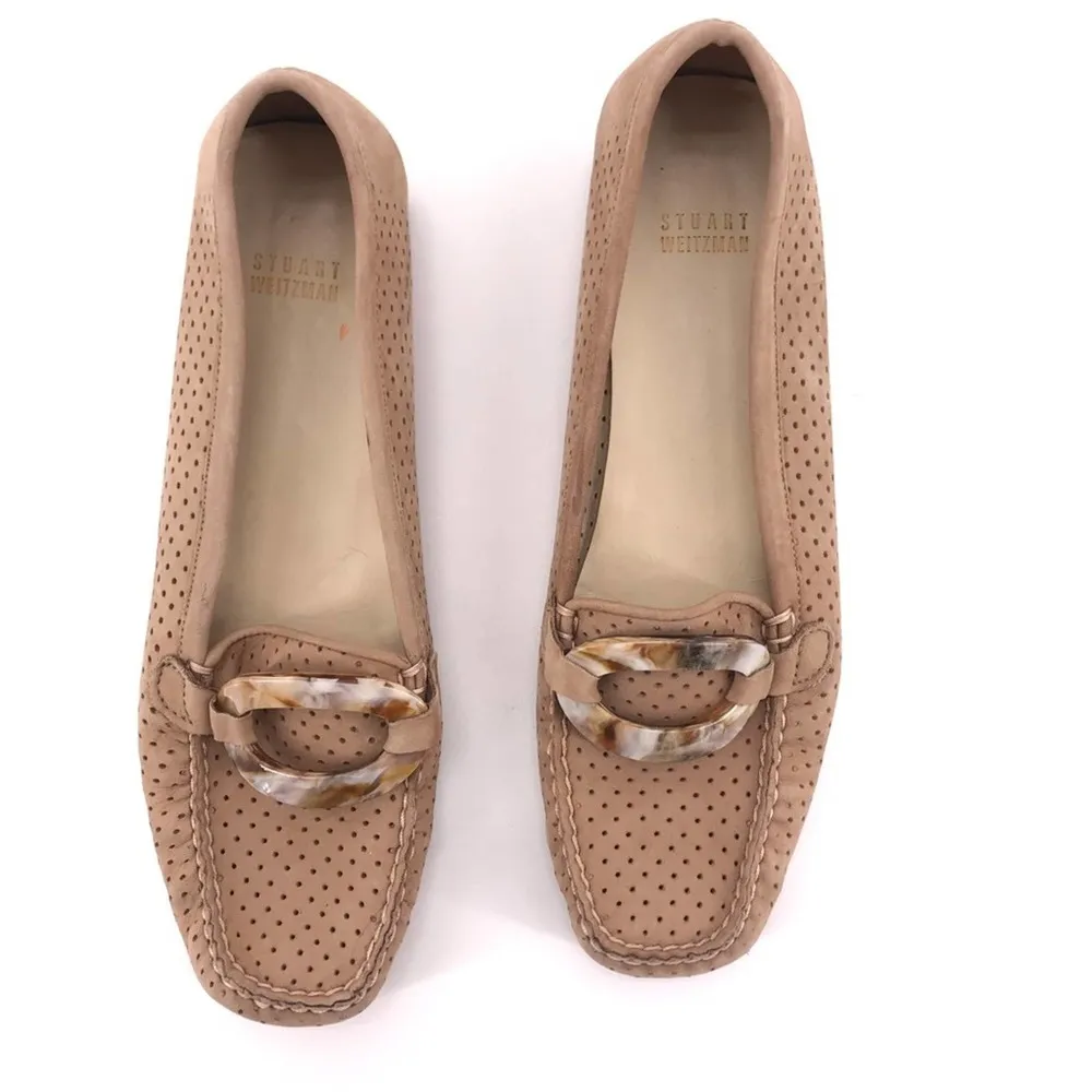 Stuart Weitzman Punchmoc Marble Buckle Suede Signature Loafer Tan Sz 8 - Image 3