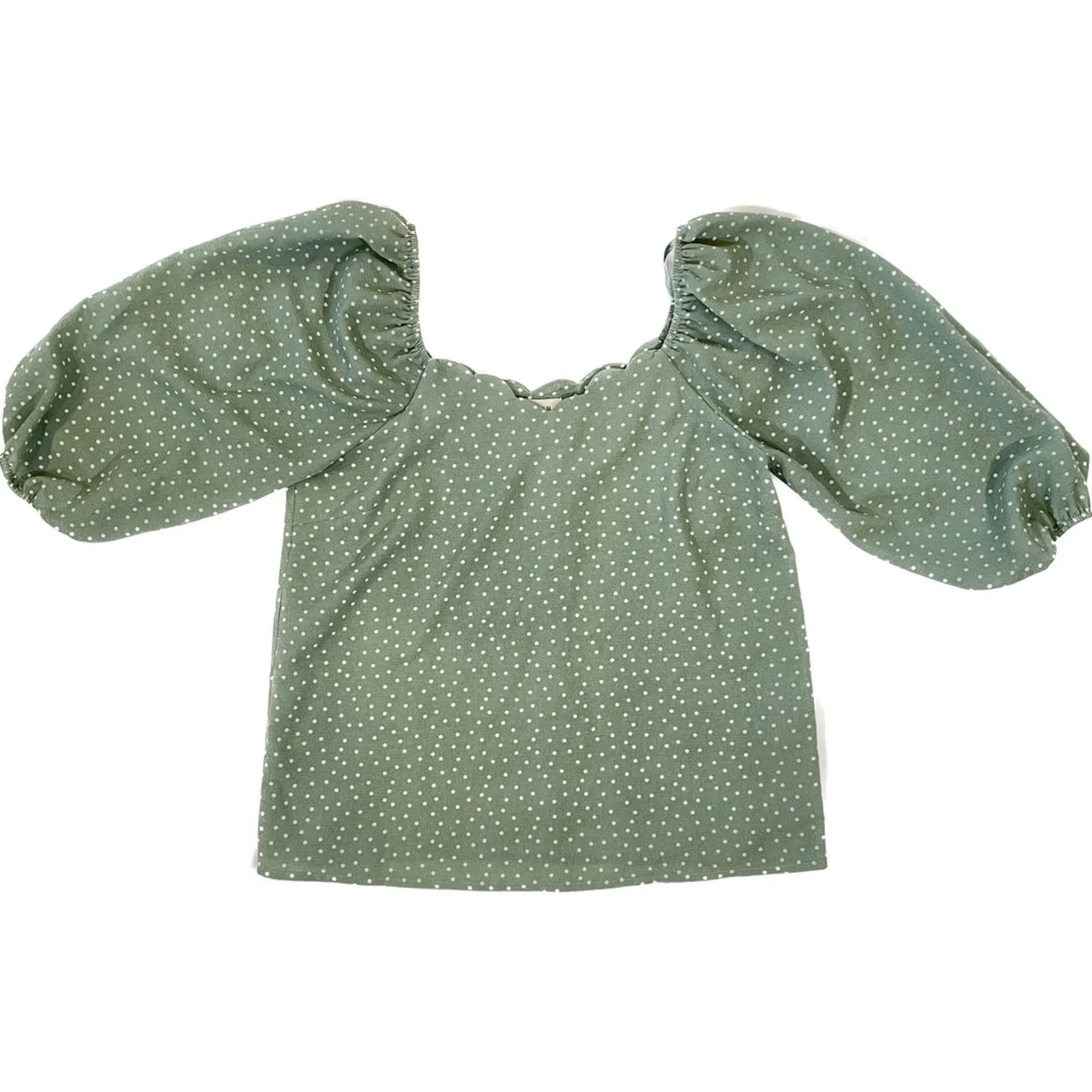 Monteau Los Angeles | Sage Green Polka Dot Peasant Top | Small - Image 2