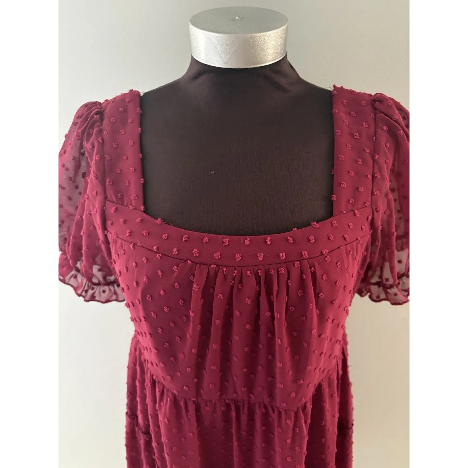 Trixxi Dress Size Large Burgundy Swiss Dot Tiered Puff Sleeve Cute Goth Babydoll - Image 2