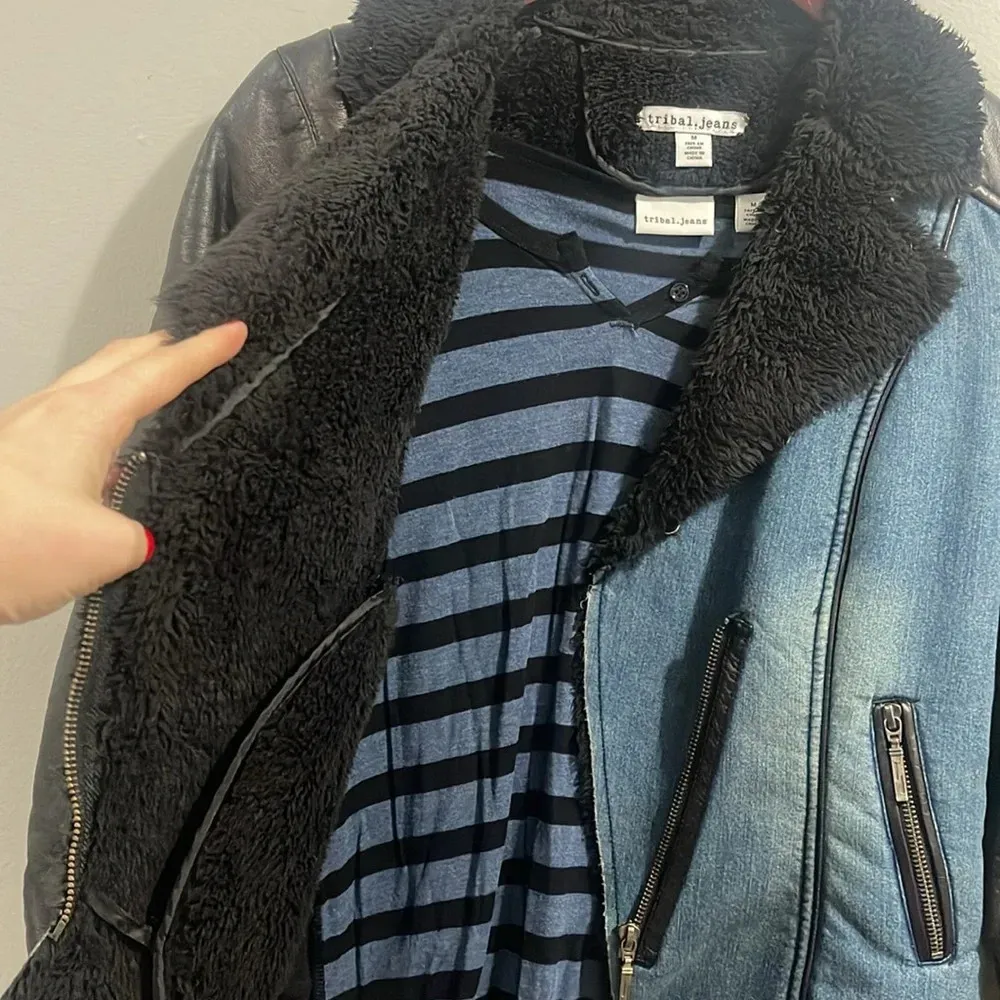 Tribal Jeans Y2K faux shearling pleather moto jacket zip with fur Blue Size M - Image 6