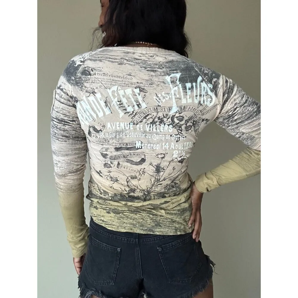 Skinny Minnie Pink Allover Grungy Graphic Long Sleeve Top Size Medium - Image 5