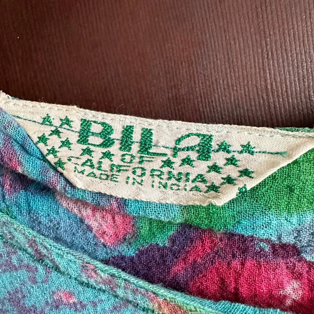 70s Vintage BILA of CALIFORNIA | Bright Floral Cap Sleeve Gauze Dress | Small Blue - Image 2