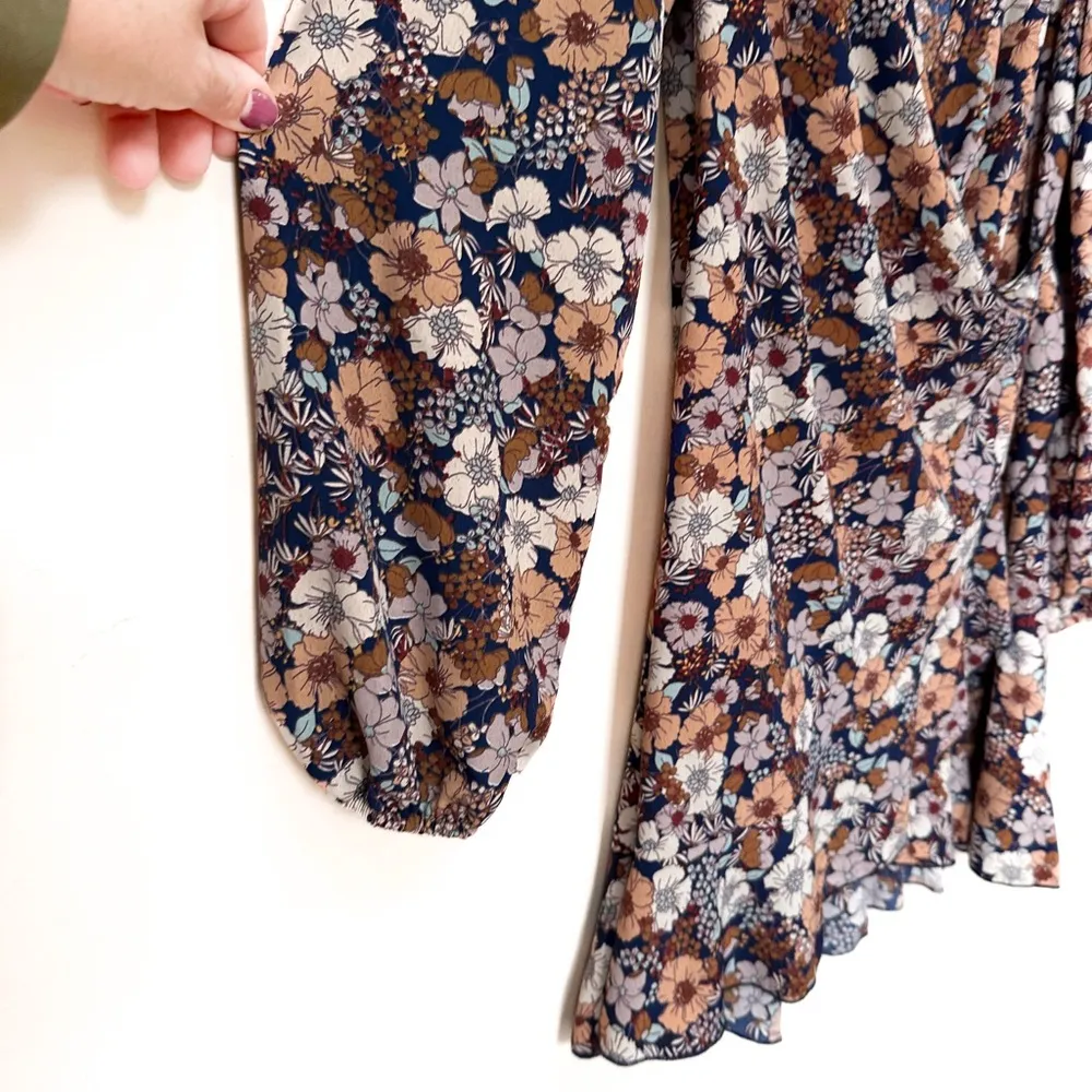 Altr'd State dark floral dress, wrap front, long full sleeves, zipper back, mini - Image 2