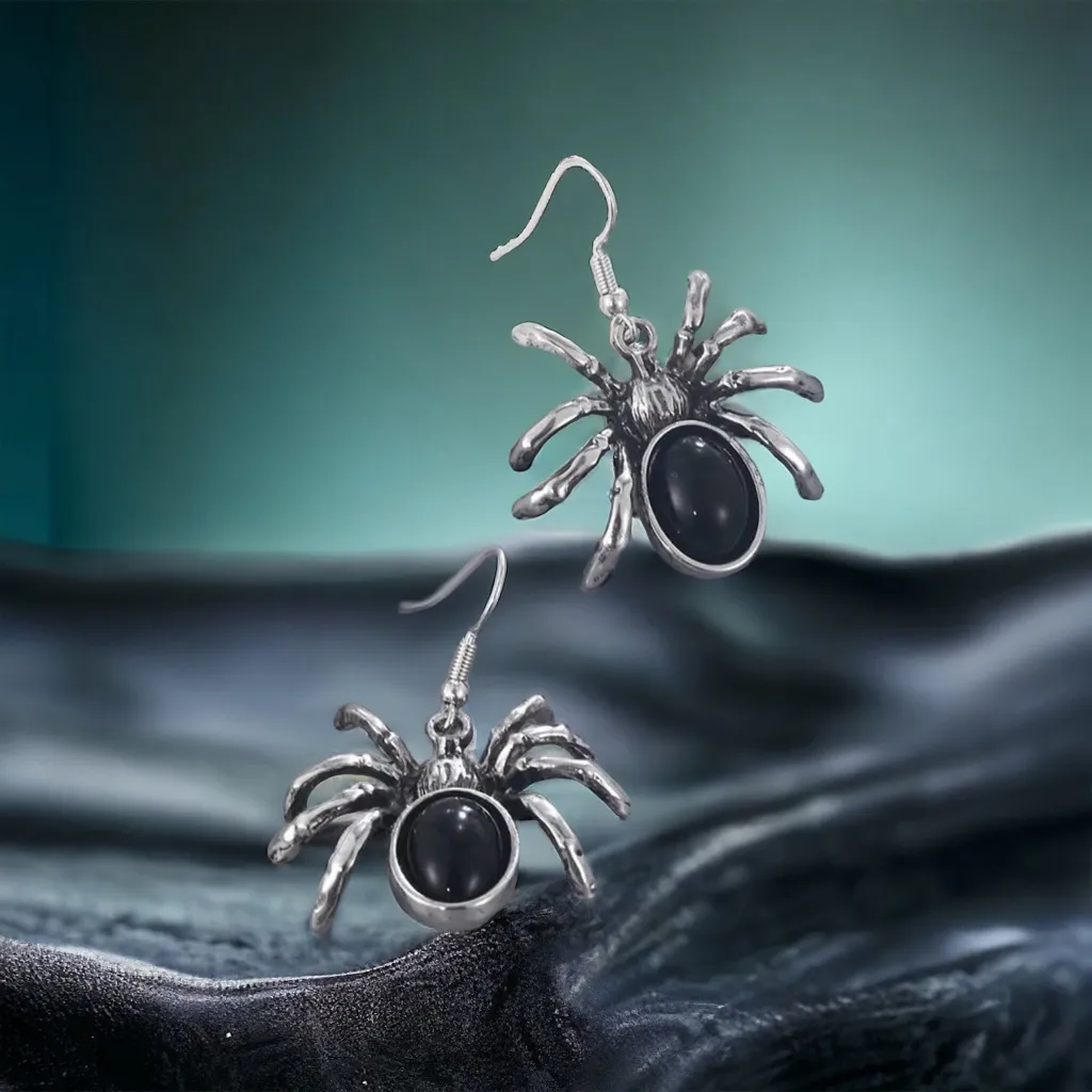 1‎ Pair Of Gothic Style Drop Earrings Horror Spider Design Silver - Image 2