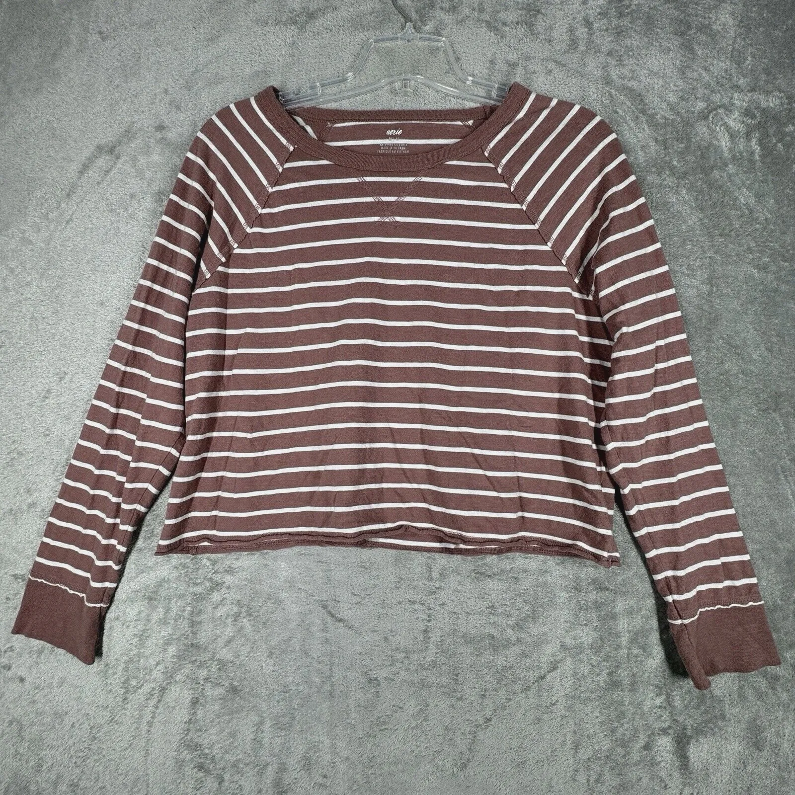 Aerie Brown White Striped Long Sleeve‎ Raglan Tee Cropped Raw Hem Women Medium - Image 3