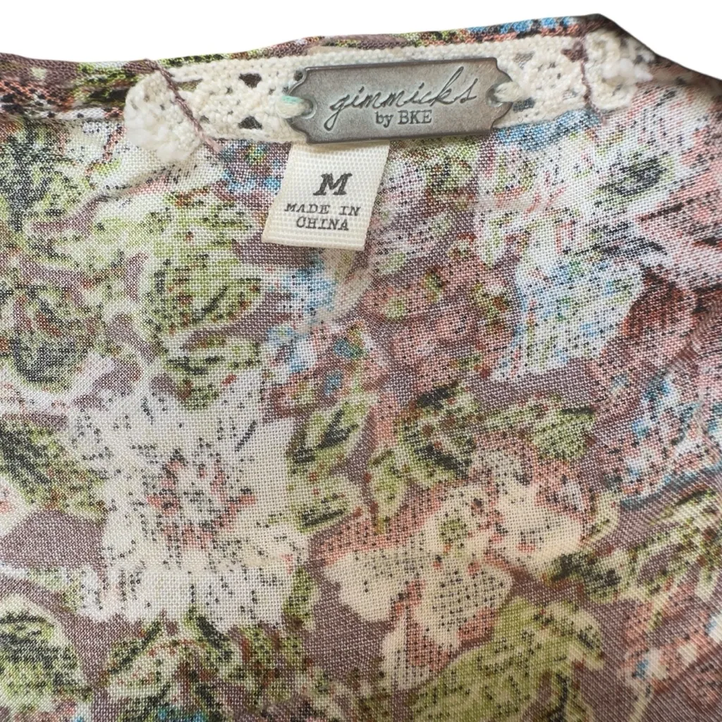 BKE‎ Gimmicks Boho Hippie Floral Kimono Cardigan Fringe Ombre Sheer Festival M - Image 3