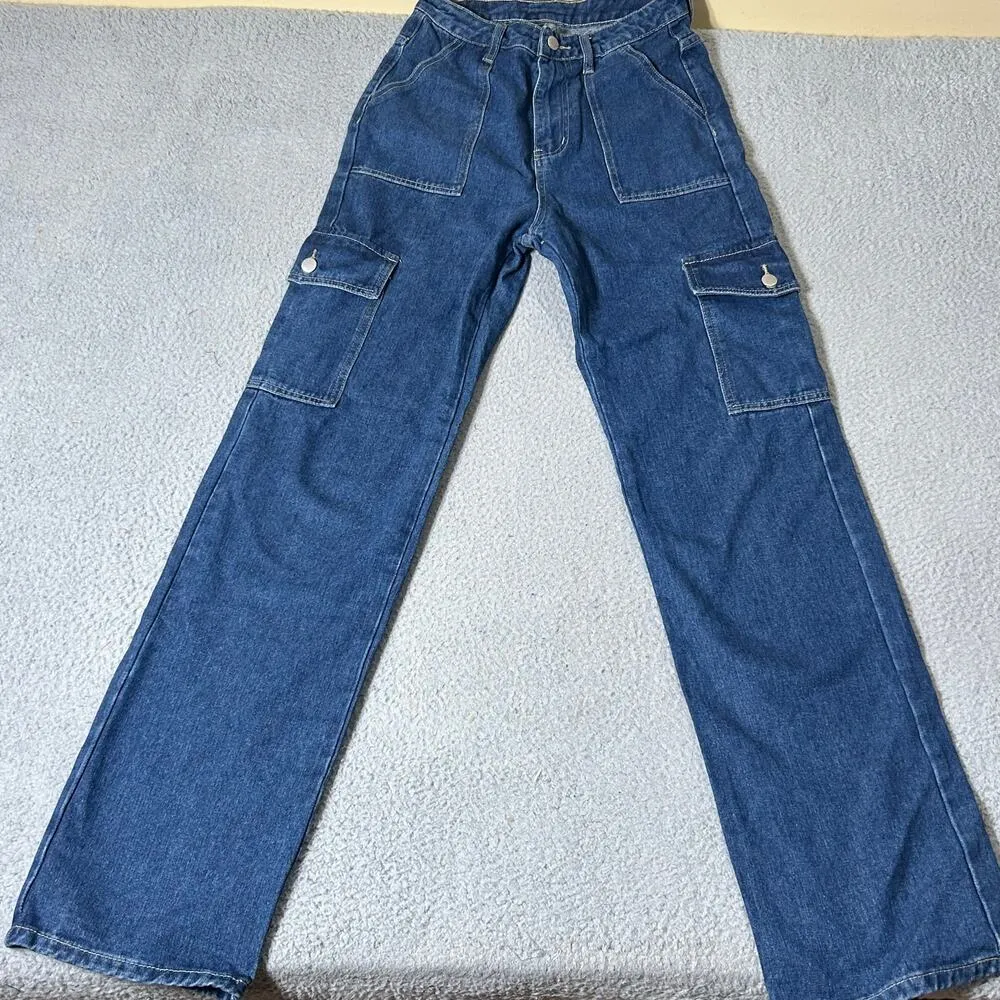Shein Jeans Womens S Blue High Rise‎ Straight Leg High Rise Cargo Jeans - Image 3
