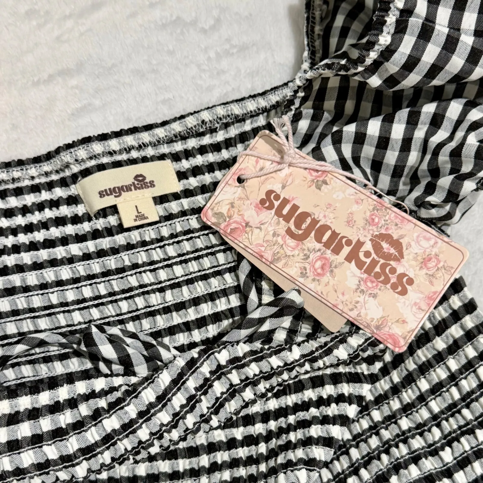 Sugar Kiss Gingham Smocked Puff Sleeve Tiered Dress Black White Size L Size L - Image 6