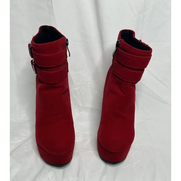 Unbranded Women 33 (7) High Block Heels Buckle Faux Suede‎ Stiletto Shoes Party Red - Image 3