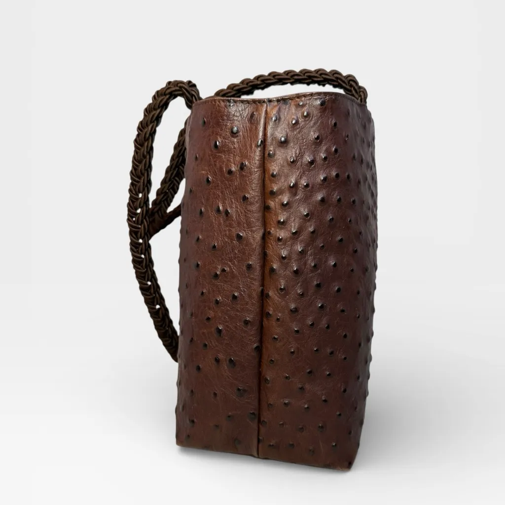 Falor Le Borse Genuine Leather Ostrich Brown Bag Braided Strap Made in Italy - Image 6