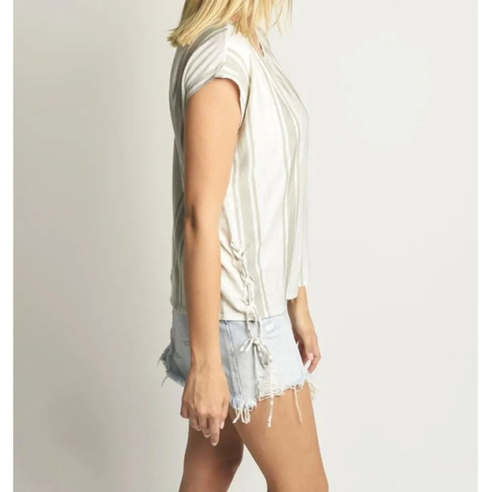 NEW Chaser Linen Striped Lace-Up Corset Dolman Short Sleeve Natural Fiber Edgy - Image 3