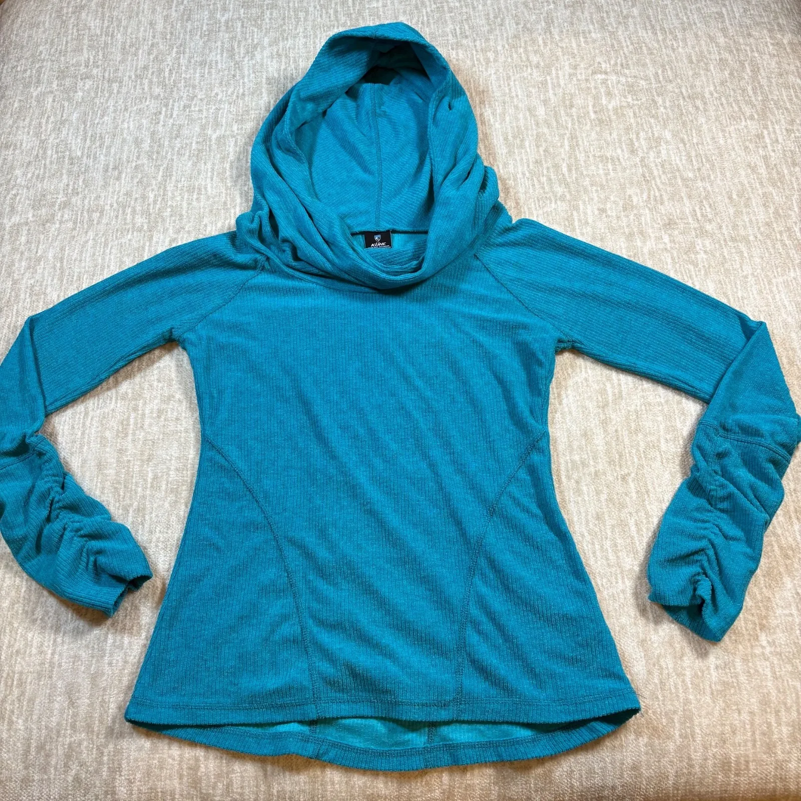 Kuhl Pullover Hoodie Women Size S Teal Ruched Sleeves Ribbed Cowl Neck - Image 2