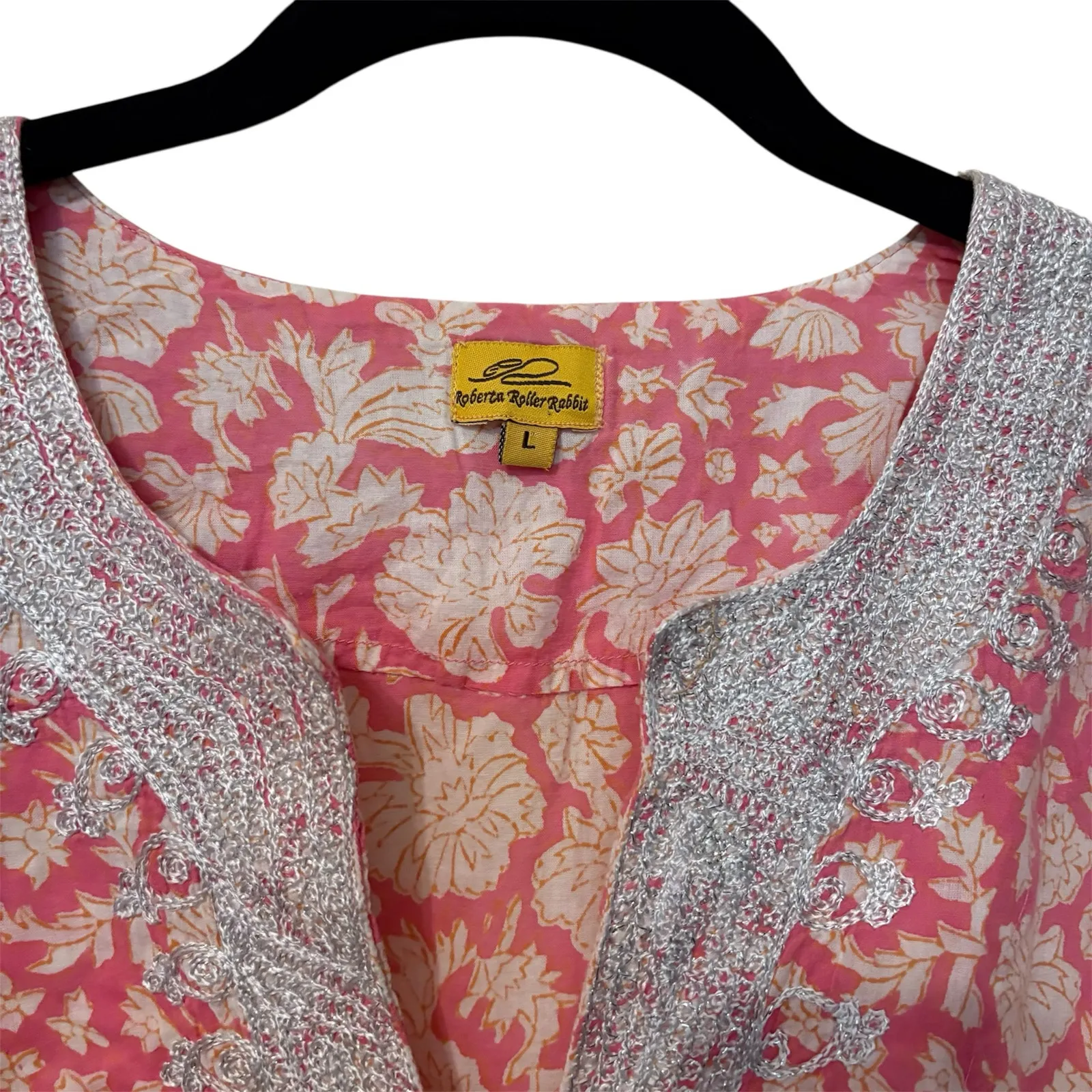Roberta Roller Rabbit 100% Cotton Pink Print Embroidered Tunic Blouse Size Large - Image 2