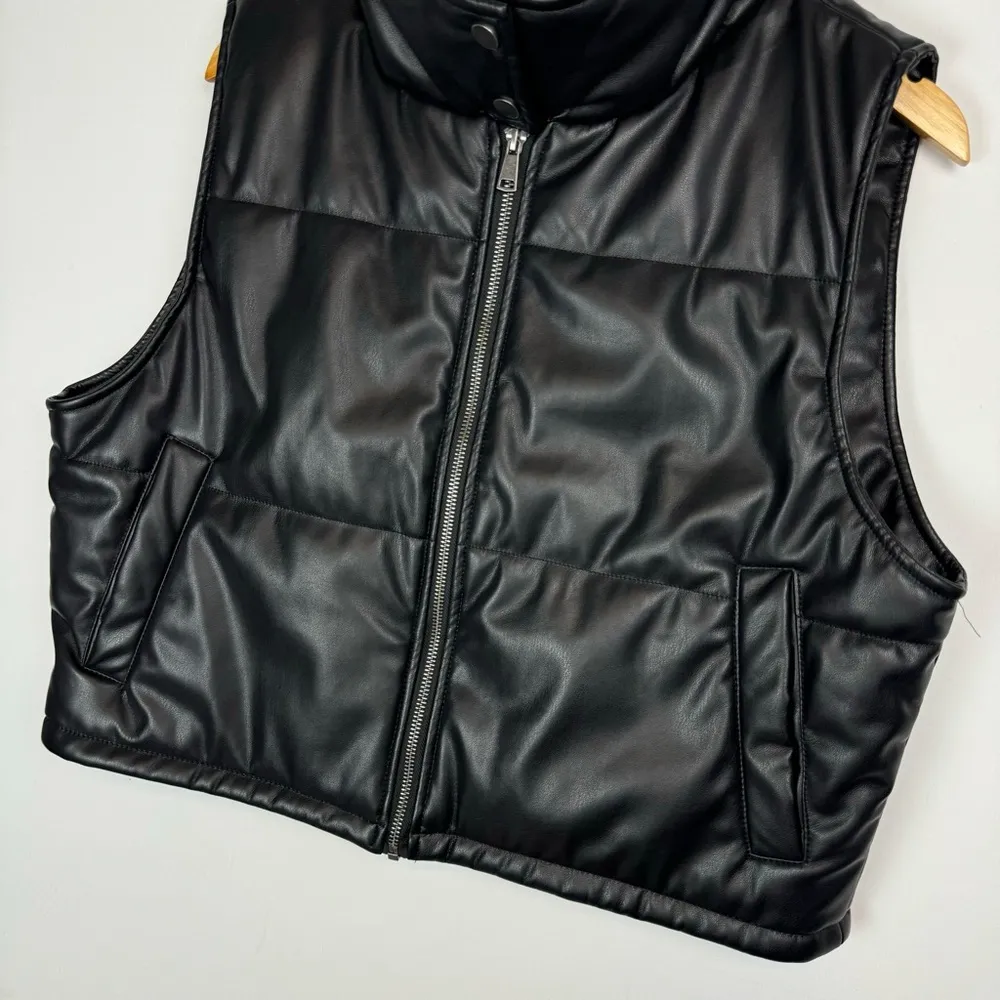 Anthropologie Vegan Leather High Neck Puffer Vest Sz Medium Black Gilet Moto - Image 10