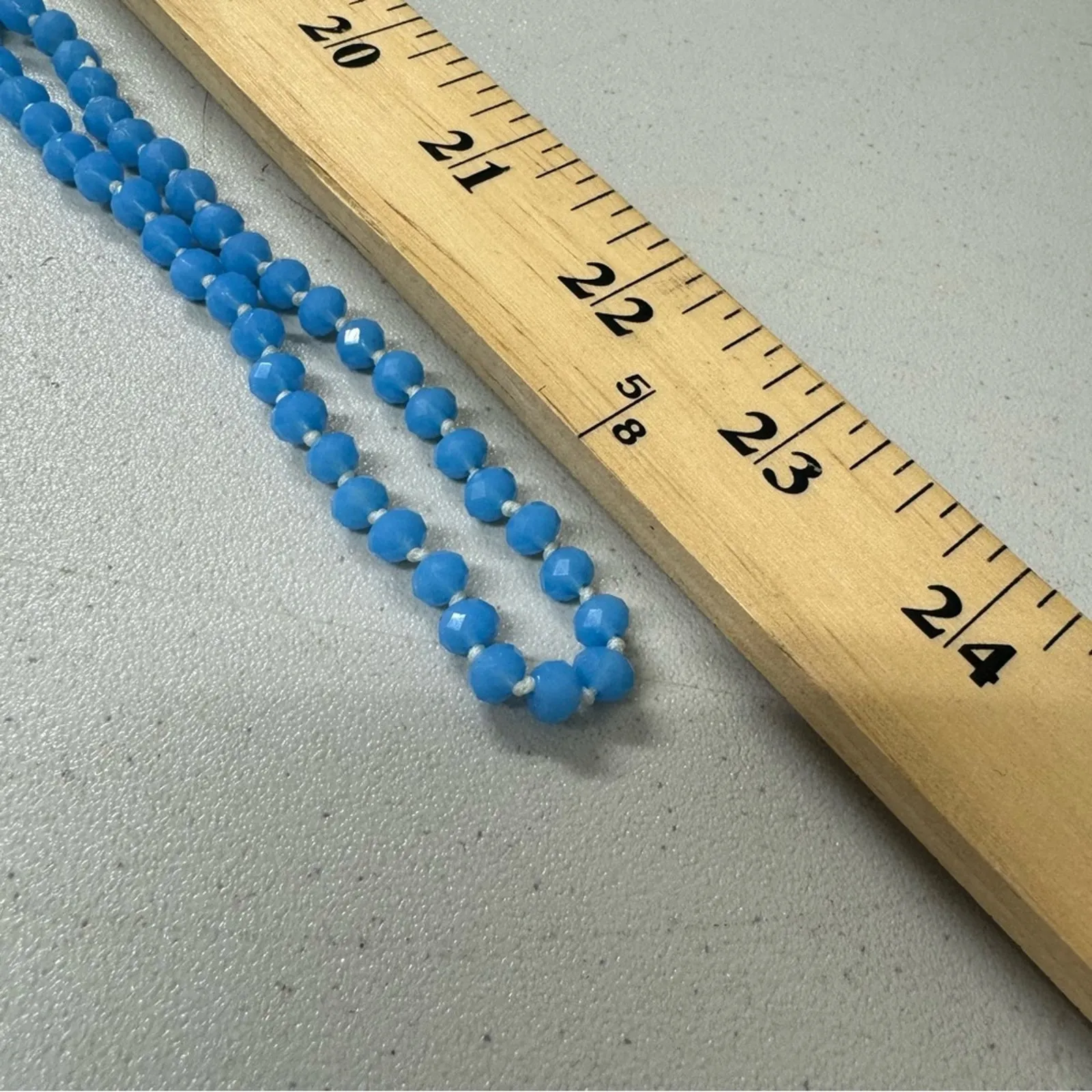 Teal Blue Fauceted Bead Necklace Extra Long Gold Clover Fringe Charm - Image 2