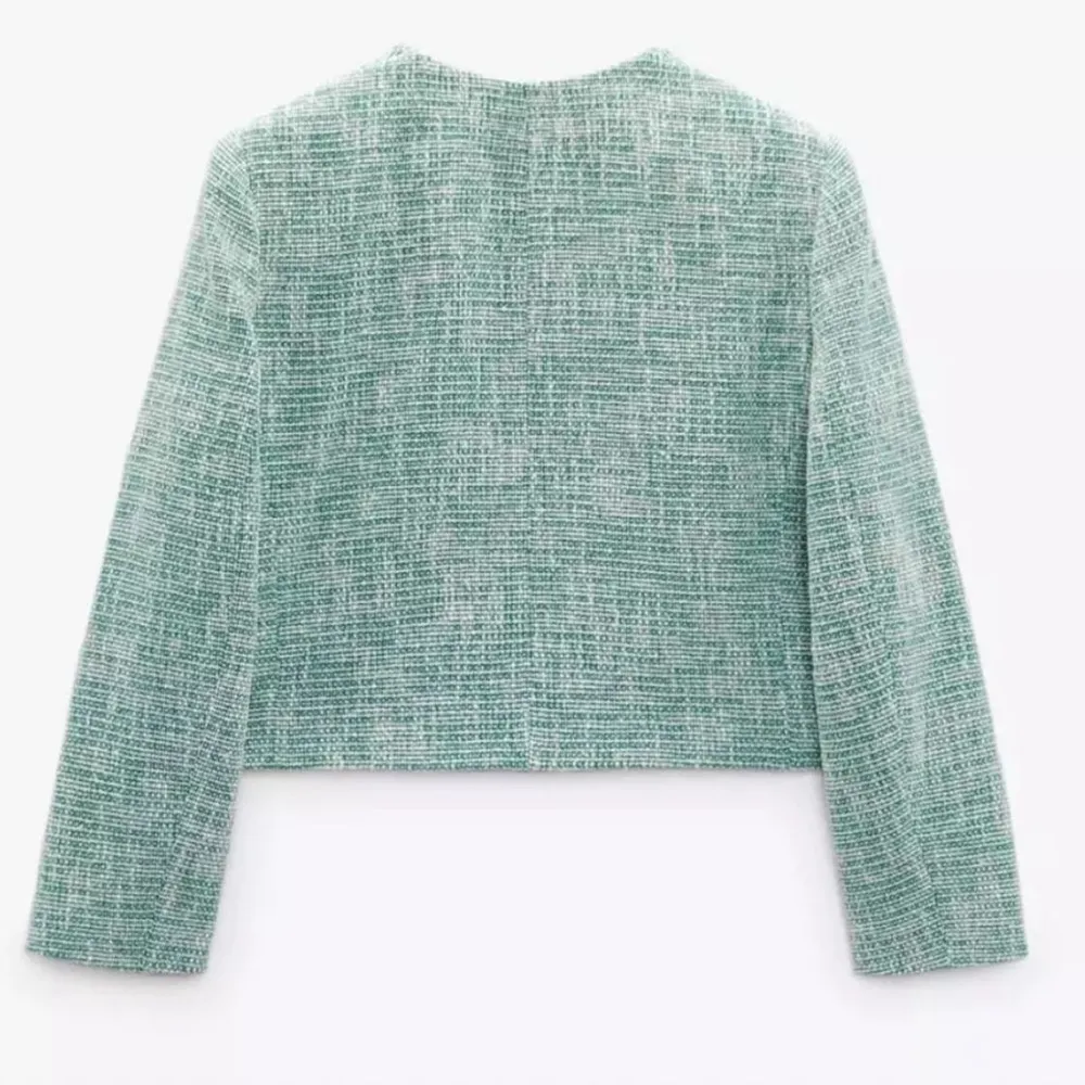 ZARA New Luxury Preppy Green Long Sleeves Round Neck Textured Crop Blazer Sz XL - Image 3
