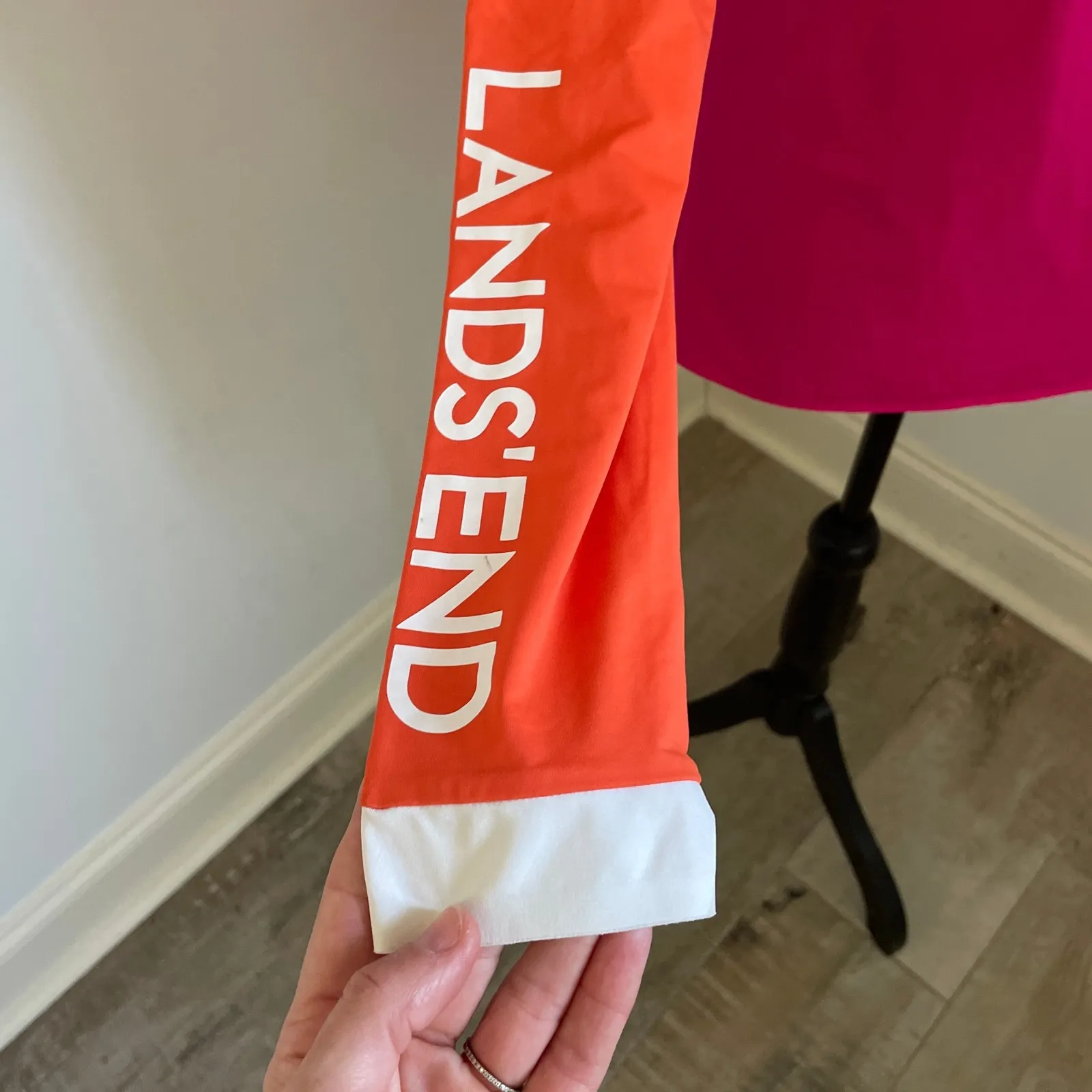 Lands End Rash Guard Shirt sz Large Colorblock Mock Neck Long Sleeve Orange Pink - Image 4