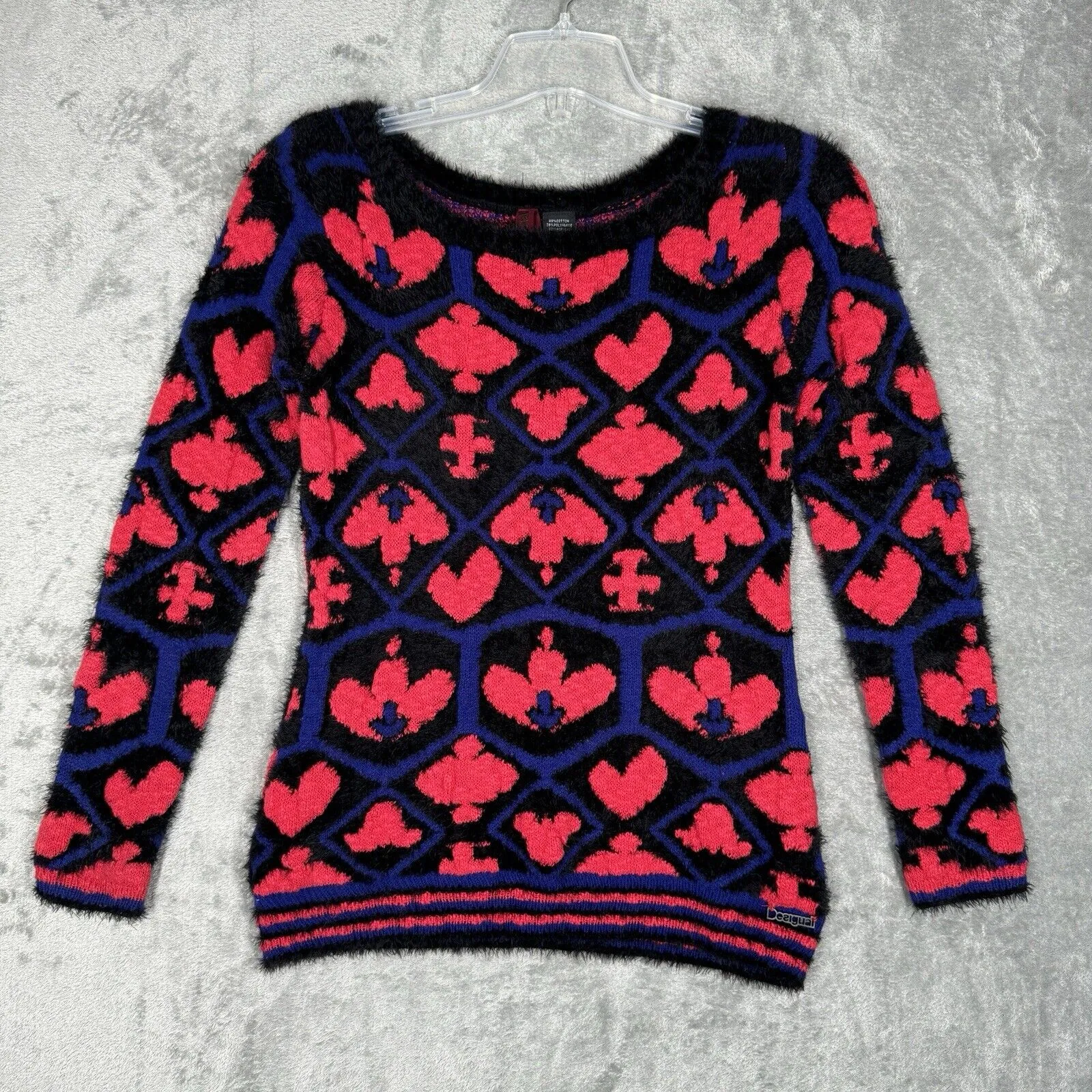 Desigual Sweater Women Small Pink Black Fuzzy Fleur de Lis Casual Colorful Artsy - Image 2