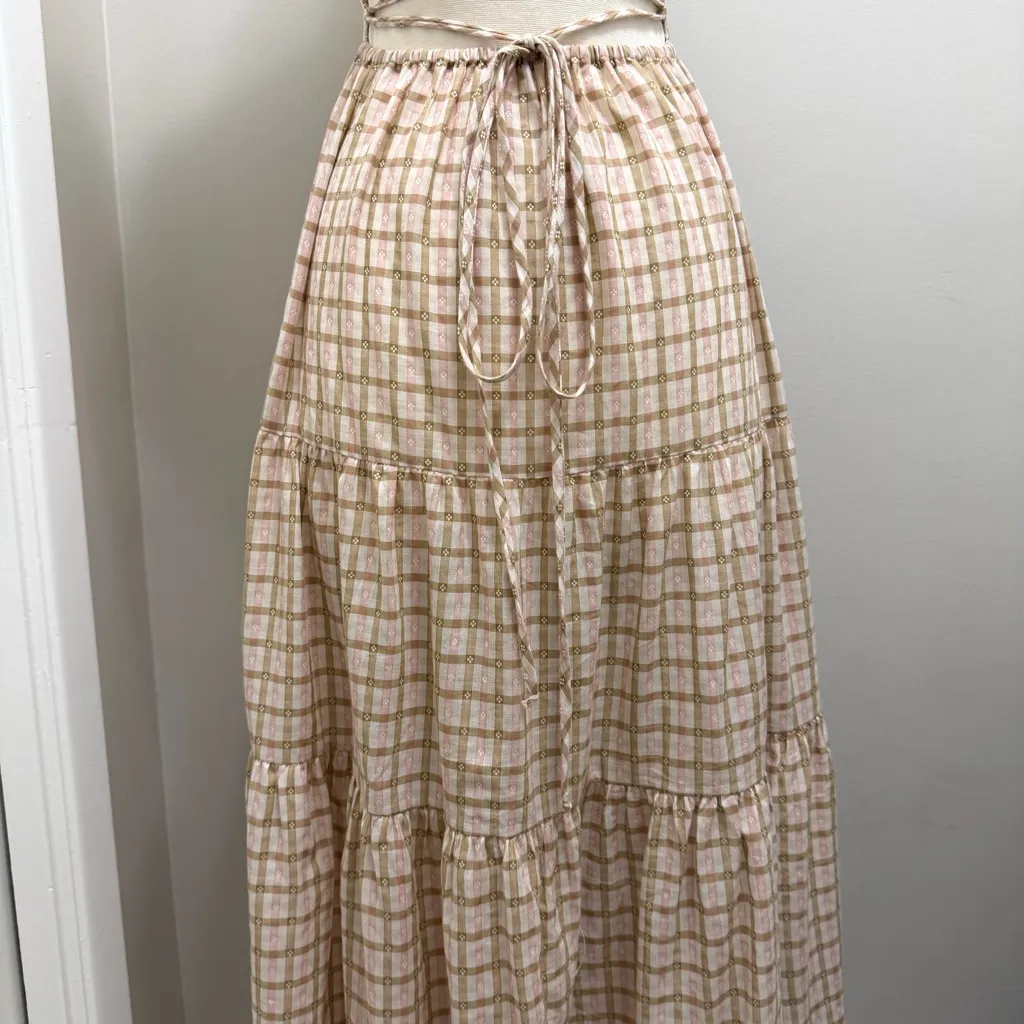 Christy Dawn Delphine Midi Tiered Sun Dress in Snapdragon Gingham Pink Tan XS - Image 8