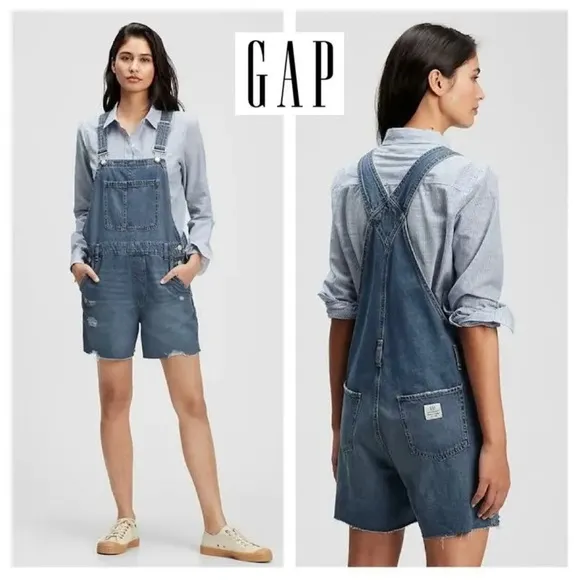 NWT GAP DENIM Women XS Distressed Shortall with Washwell Overalls Shorts Jeans - Image 2