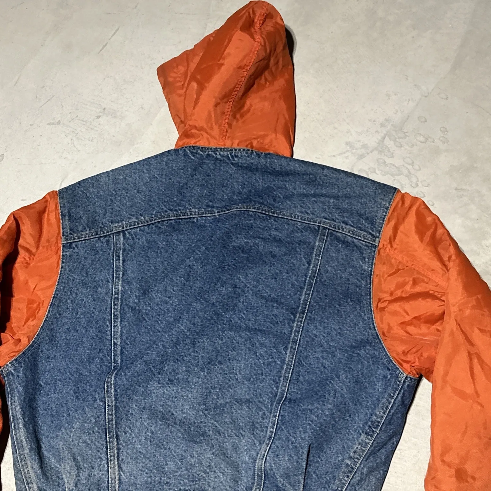 Vintage 90's The Gap Denim SZ Small Jean Jacket W/ Hood Orange Sleeves HipHop - Image 13