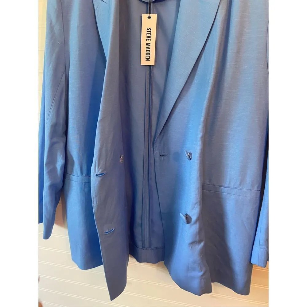 Steven Madden Linen Boxy Oversized Double Breasted Blue Blazer - Image 3