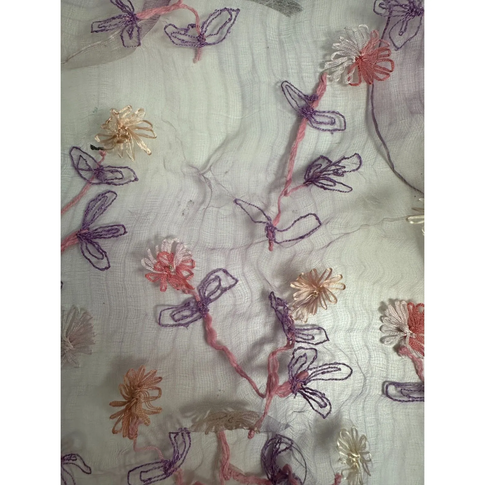Fleurs Silk Hand Loomed Hand Dyed Artisan Floral Embroidered Sheer Scarf NEW - Image 2