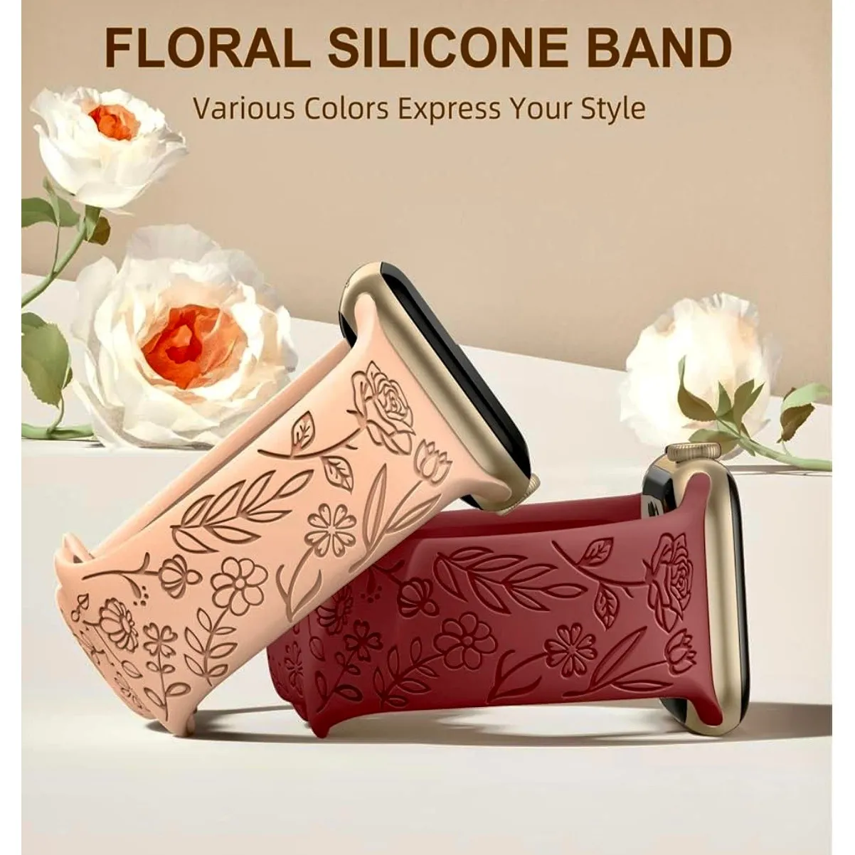 Unbranded Apple‎ iWatch 9/8/7 SE Engraved Rose Floral 34mm Silicone Watch Band Black - Image 7