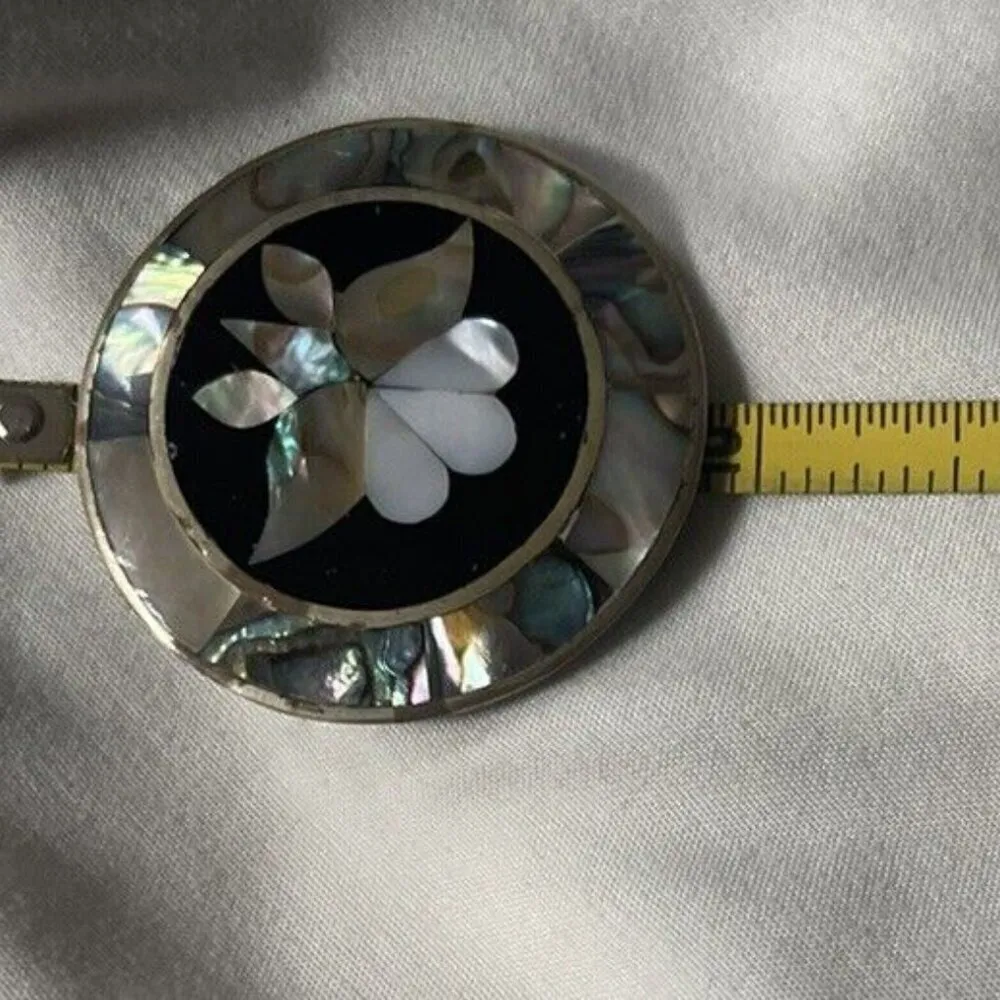 Mexico Alpaca Abalone Mother of Pearl Inlay Flower Mexican Alpaca Silver Pin - Image 2