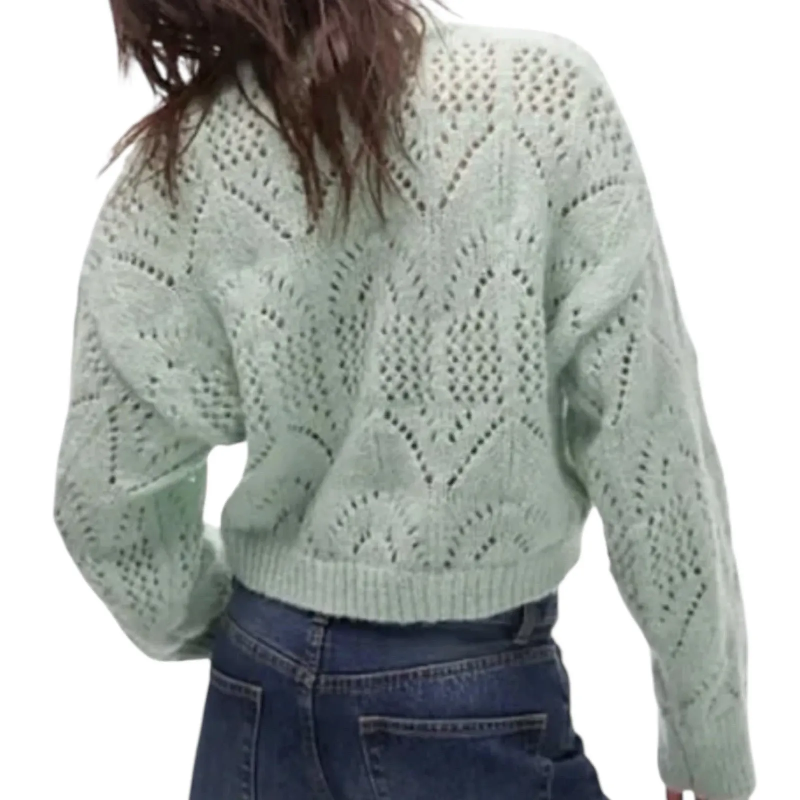 NWT TopShop Pointelle Cropped Crewneck Sweater Women’s Size 12 Mint Green - Image 3