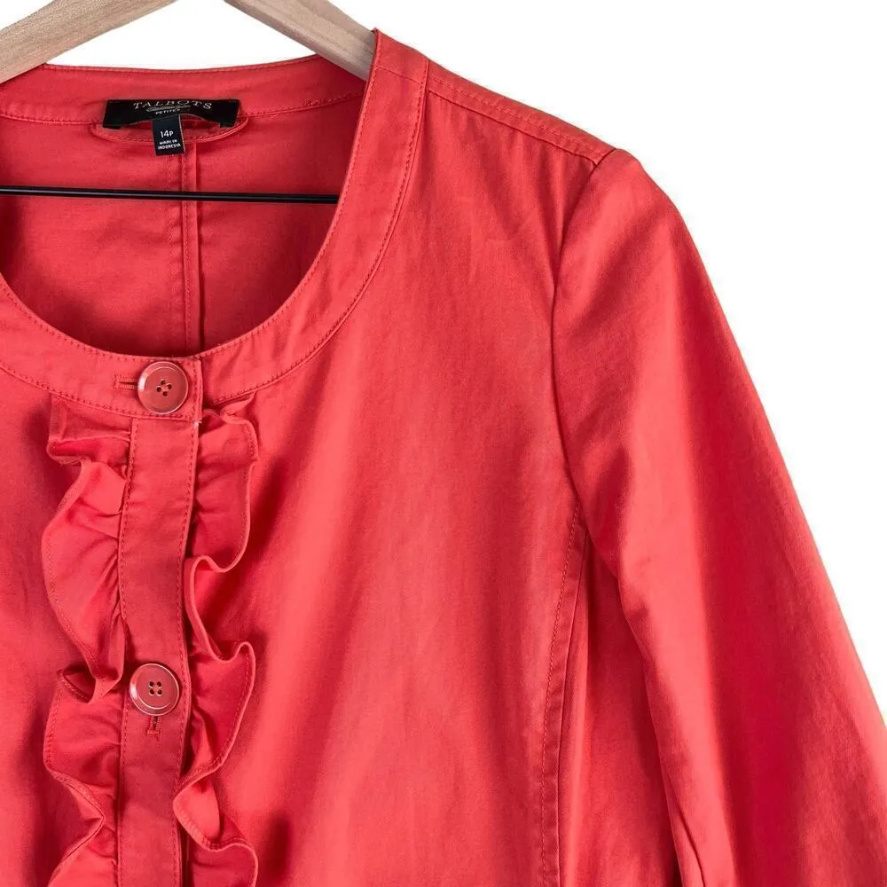 Talbots Ruffle Button‎ Front Collarless Blazer Jacket Cotton Coral Orange, 14P - Image 4