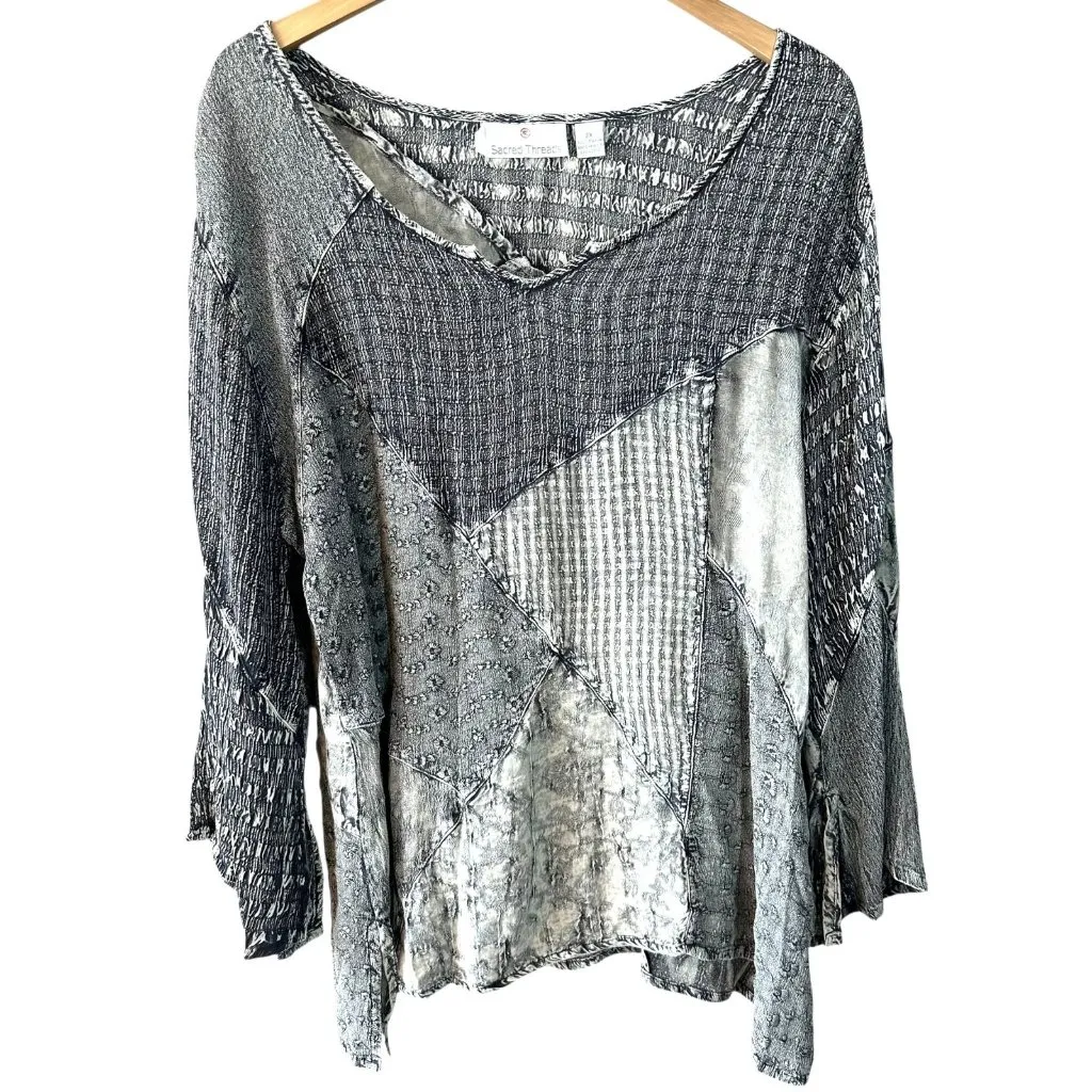 Sacred Threads  Patchwork Textured Top Gray Mixed Fabric Size 2X - Image 2