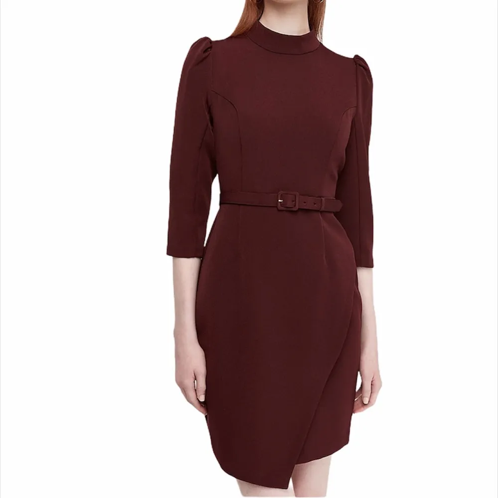 Express Belted Mock Neck Puff Sleeve Sheath Dress - Image 9