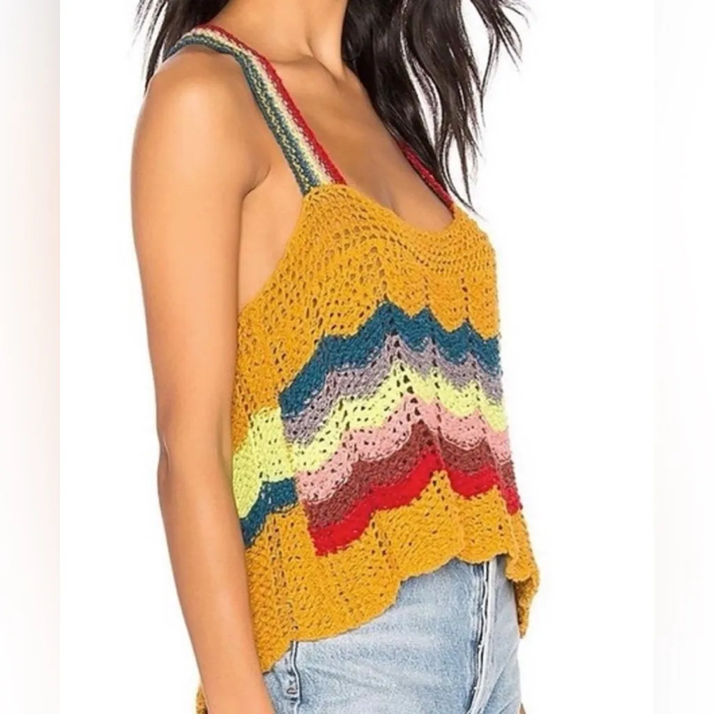 Free People Winding Road in Yellow Crochet Open Back Knit Tank Top M - Image 3