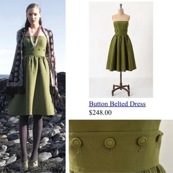 Maeve Anthropologie Green Button Midi Dress Silk Blend Women's Size 0 Strapless - Image 2