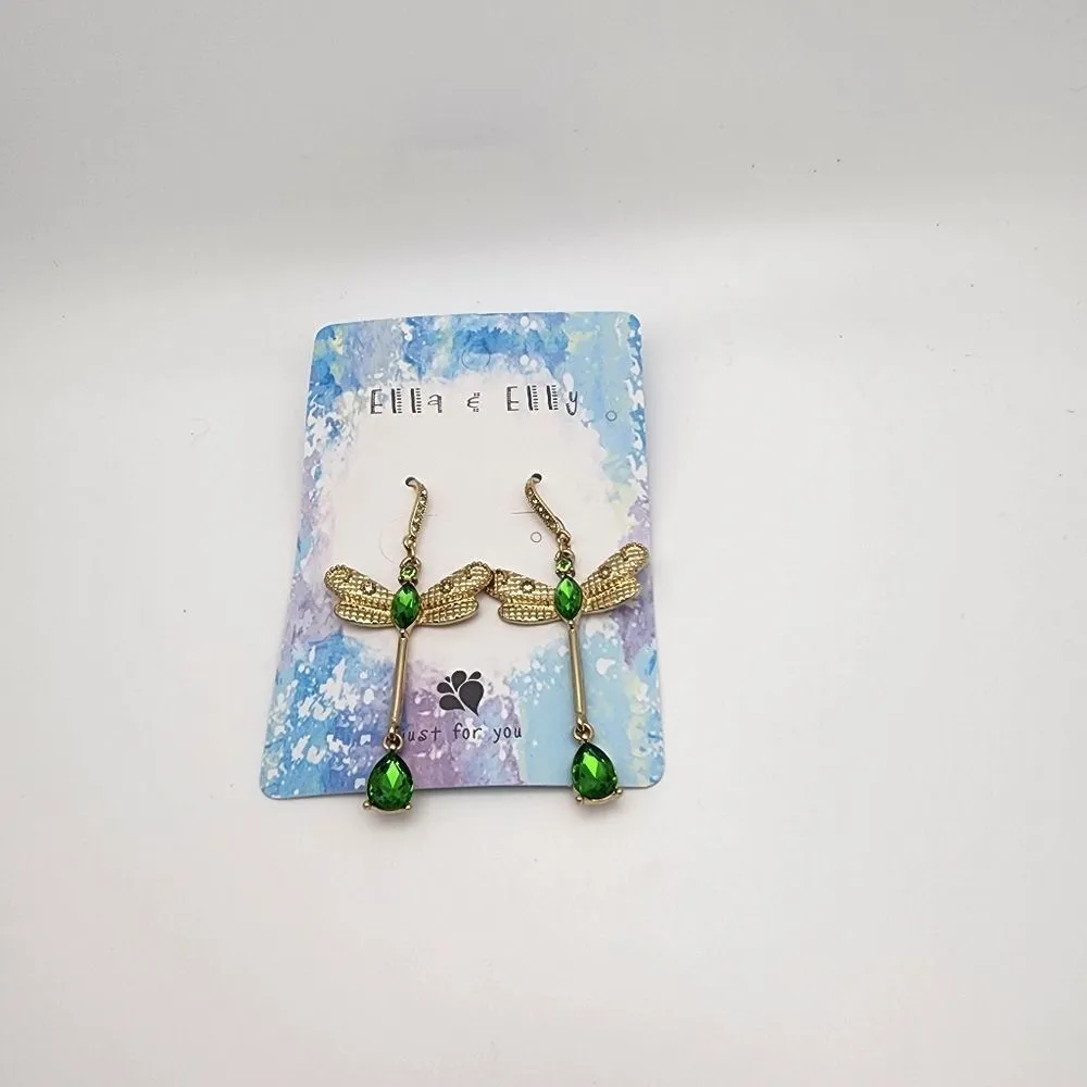 NWT Ella & Elly Gold Tone & Green Dragonfky Dangling Earrings - Image 2