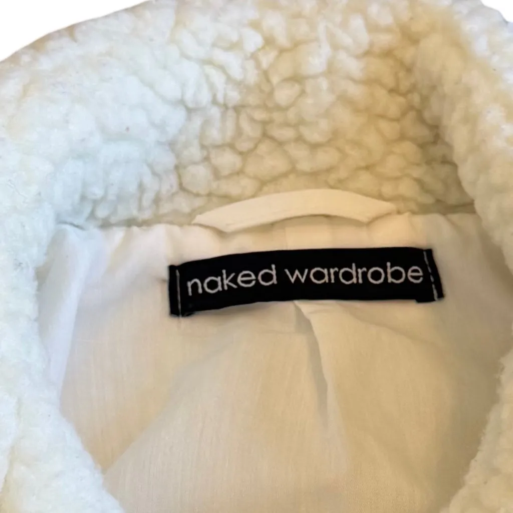 Naked Wardrobe White Cropped Length Sherpa Fleece Fuzzy Jacket Coat Size Medium - Image 10
