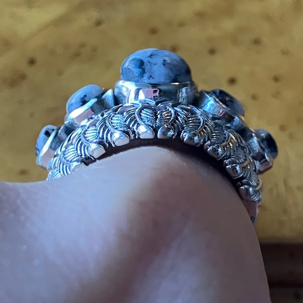 White Buffalo Turquoise Sterling Silver Feather Ring Size 9 Black - Image 2