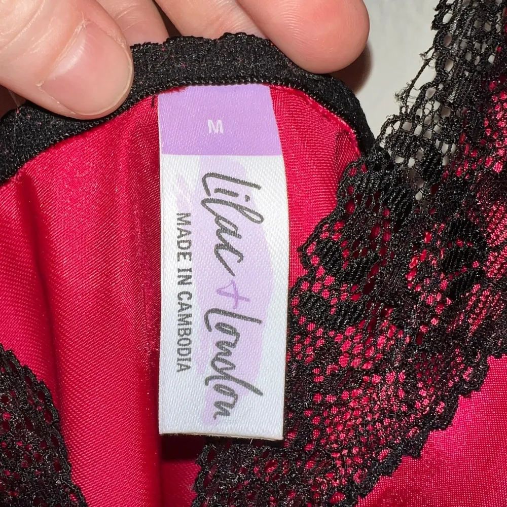 Lilac & London Red Silky Stain Black Lace Trim Cami size medium - Image 2