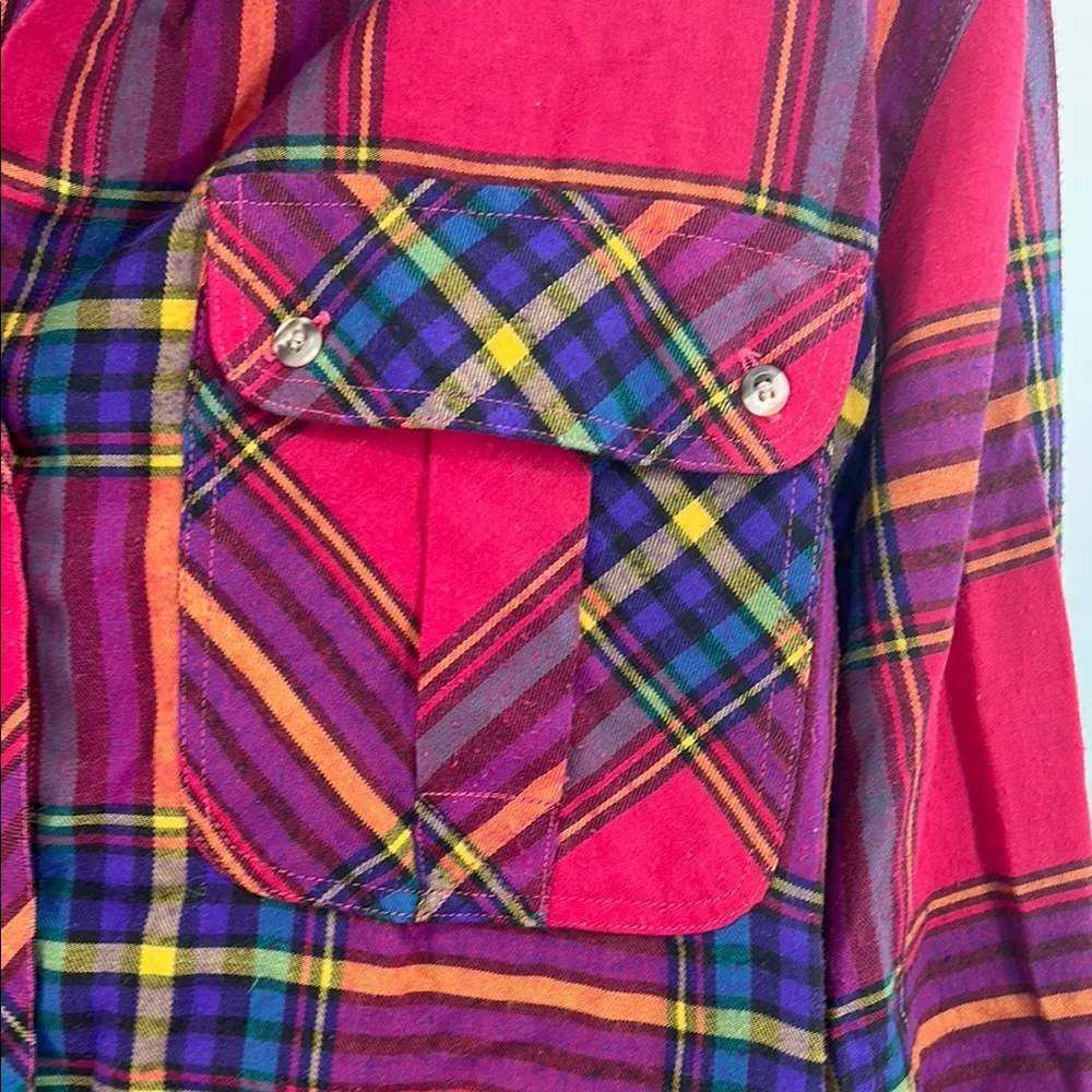 Pink Blue plaid Button Down flannel Shirt M women’s colorful casual fall bright Size M - Image 8