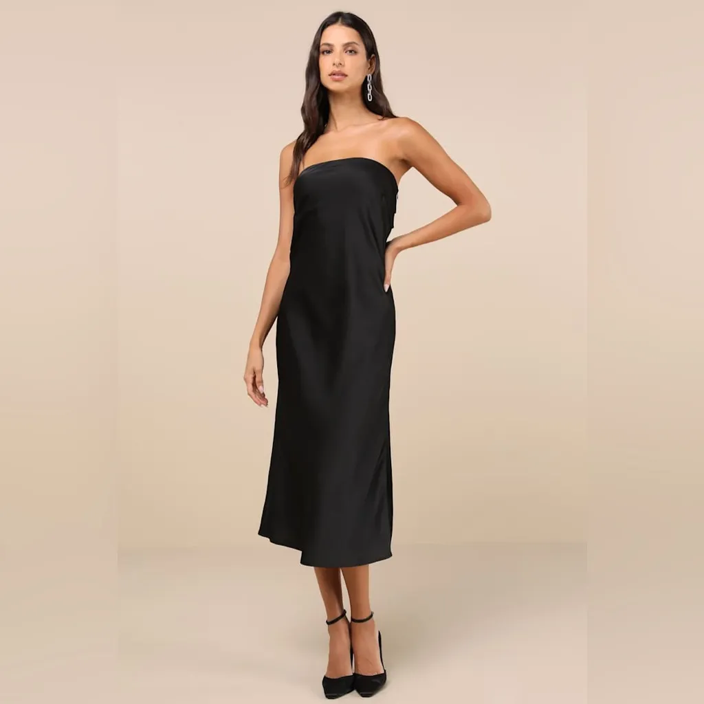 LULU’S Effortless Bliss Black Satin Strapless Cowl Back Midi Dress - Image 5