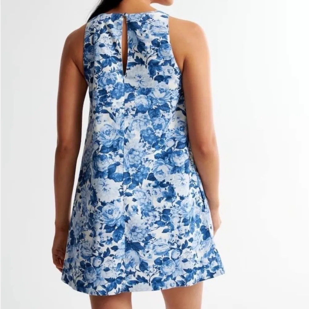 Abercrombie & Fitch High Neck Linen Blend Mini Dress‎ Blue White Floral XXS - Image 3